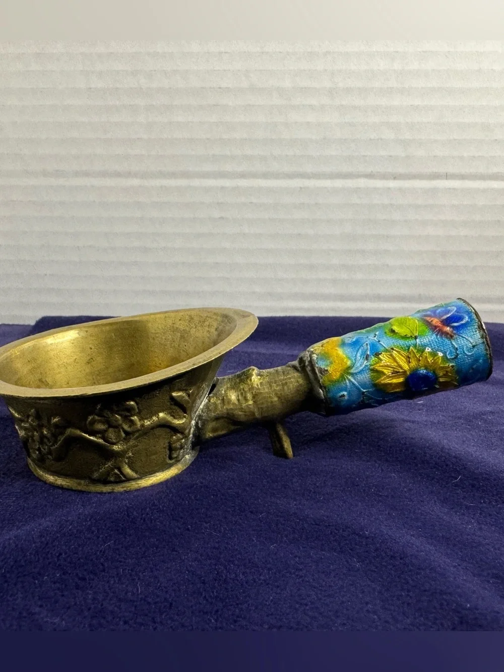 Chinese Vintage Silk Iron Brass Repousse Blue Enamel Floral Detailed Unique